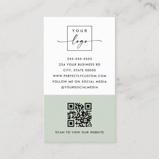 Carte De Visite Code QR minimal moderne sauge vert blanc vertical (Dos)