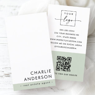 Carte De Visite Code QR minimal moderne sauge vert blanc vertical