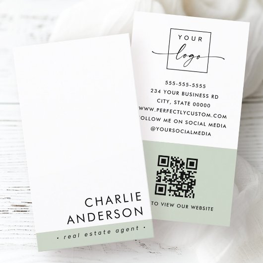 Carte De Visite Code QR minimal moderne sauge vert blanc vertical