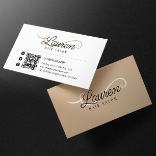 Carte De Visite Code QR Minimal Simple Blanc Biege Coiffeur