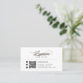Carte De Visite Code QR Minimal Simple Blanc Biege Coiffeur (Debout devant)