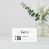 Carte De Visite Code QR Minimal Simple Blanc Rose pour Coiffeur (Debout devant)
