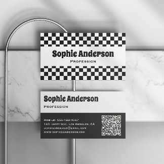 Carte De Visite Code QR minimaliste damier noir et blanc moderne