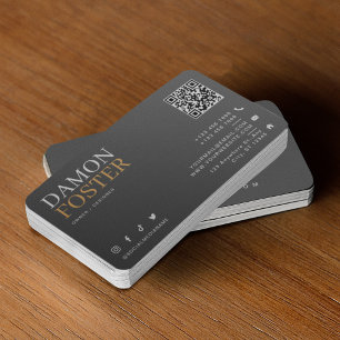 Carte De Visite Code QR minimaliste gris moderne en cuir neutre