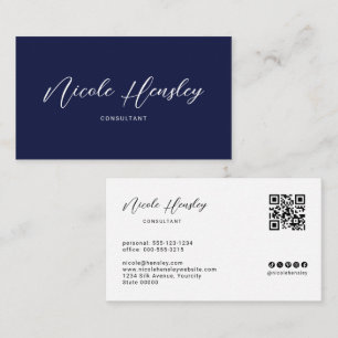 Carte De Visite Code QR minimaliste moderne chic bleu marine