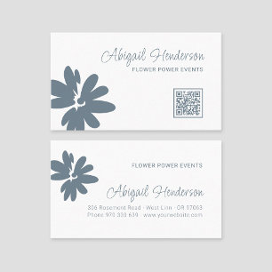 Carte De Visite Code QR minimaliste moderne Dusty Blue Daisy Flowe