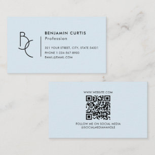 Carte De Visite Code QR minimaliste Monogramme Bleu Frais Moderne