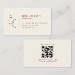 Carte De Visite Code QR minimaliste monogramme marron ivoire moder