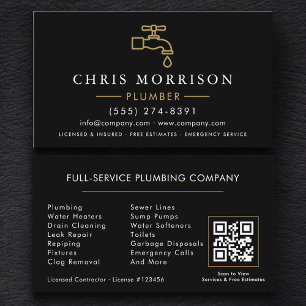 Carte De Visite Code QR minimaliste Plombier Noir Or