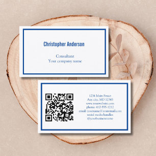 Carte De Visite Code QR Minimaliste Professionnel Bleu Blanc d'Ent