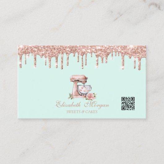 Carte De Visite Code QR Mixer Cœurs Fleurs Rose Gold Drips (Devant)