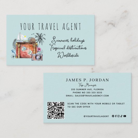 Carte De Visite CODE QR modèle d'agence de voyages vacances d'été (Devant / Derrière)