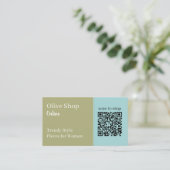 Carte De Visite Code QR moderne | Bleu clair et vert olive (Debout devant)