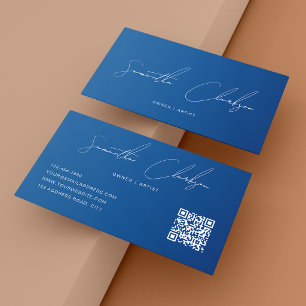 Carte De Visite Code QR Moderne Bleu Foncé Écriture Manuscrite
