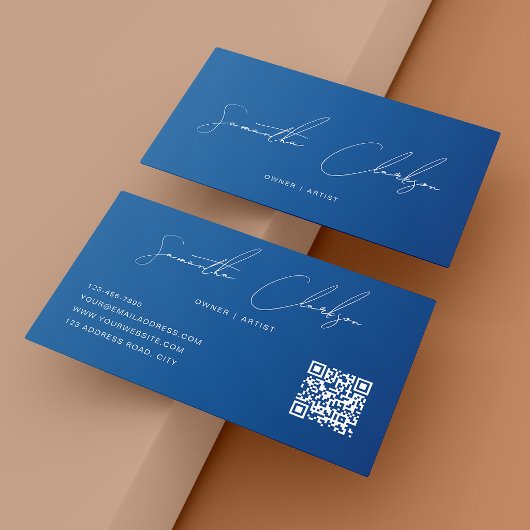 Carte De Visite Code QR Moderne Bleu Foncé Écriture Manuscrite