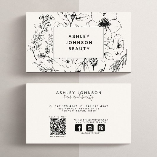 Carte De Visite Code QR moderne Botanique Blush Black Médias socia