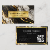 Carte De Visite Code QR moderne en marbre noir blanc et or (Devant / Derrière)