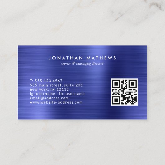 Carte De Visite Code QR moderne Monogramme bleu métallique brossé (Dos)