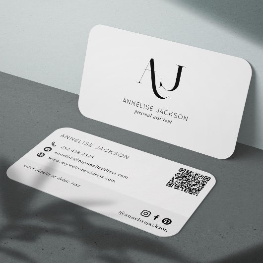 Carte De Visite CODE QR moderne noir et blanc monogrammé
