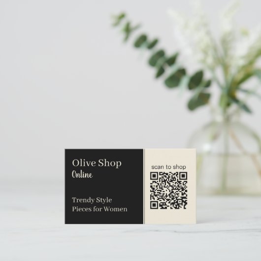 Carte De Visite Code QR moderne Noir et crème Simple Dark Mode (Debout devant)
