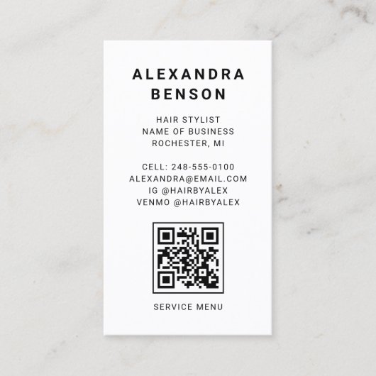 Carte De Visite Code QR moderne noir et Marbre blanc (Devant)