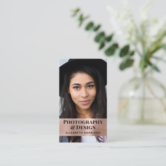 Carte De Visite Code QR moderne Photo Rose Gold (Debout devant)