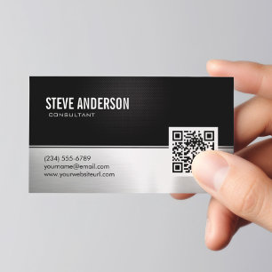 Carte De Visite Code QR moderne professionnel noir argent métal