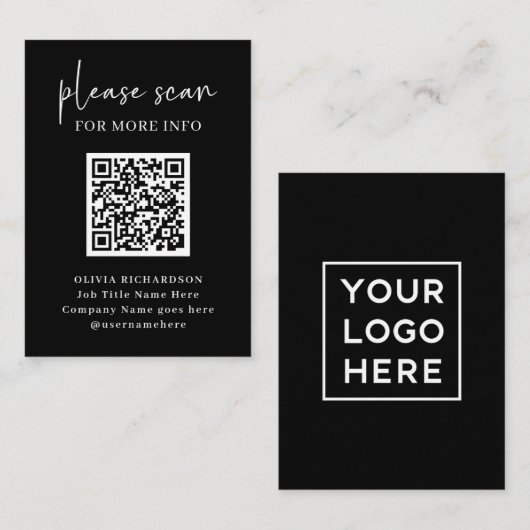 Carte De Visite Code QR moderne simple avec Logo Retour | Noir (Devant / Derrière)
