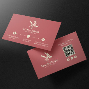 Carte De Visite Code QR Moderne Simple Rose & Biege Coiffeur