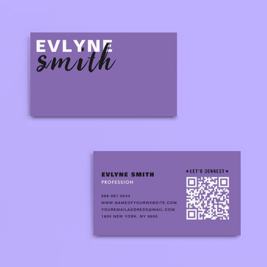 Carte De Visite Code QR moderne violet tendance Script noir et bla