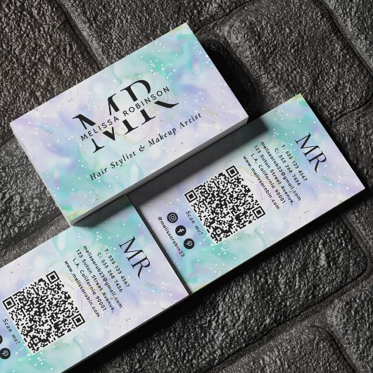 Carte De Visite Code QR monogrammé à l'encre alcoolique verte et v