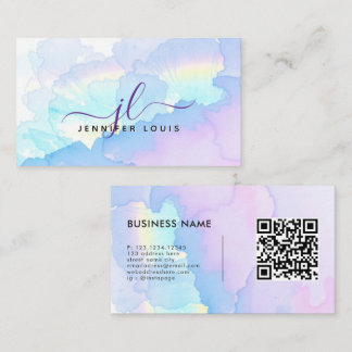 Carte De Visite Code QR Monogramme Aquarelle Arc-en-ciel Holograph