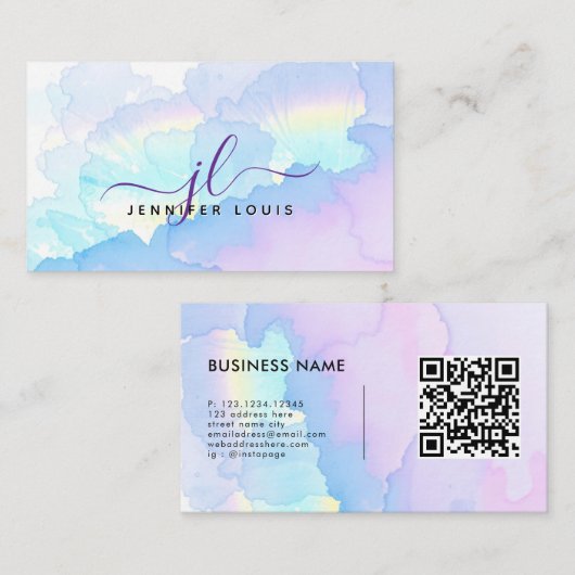 Carte De Visite Code QR Monogramme Aquarelle Arc-en-ciel Holograph (Devant / Derrière)