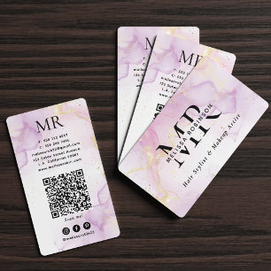 Carte De Visite Code QR monogrammé aquarelle violette et paillette