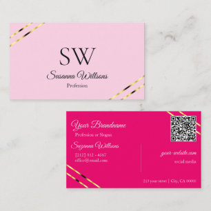 Carte De Visite Code QR monogramme avec lignes dorées roses clair 