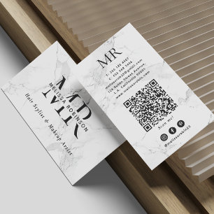 Carte De Visite Code QR Monogramme de Marbre Blanc Tendance pour A