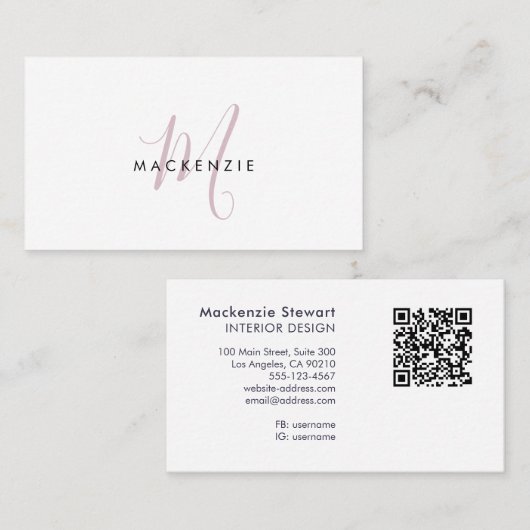 Carte De Visite Code QR Monogramme Élégant Moderne Rose Pâle Scrip (Devant / Derrière)