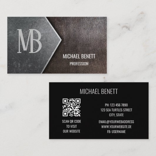 Carte De Visite Code QR | Monogramme en acier (Devant / Derrière)