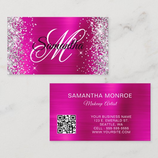 Carte De Visite Code QR Monogramme en Paillettes Argent et Papier  (Devant / Derrière)