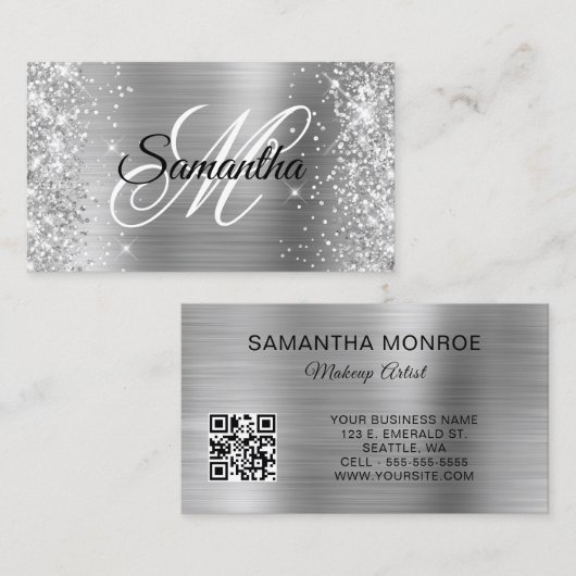 Carte De Visite Code QR Monogramme Feuille d'Argent Pailleté (Devant / Derrière)