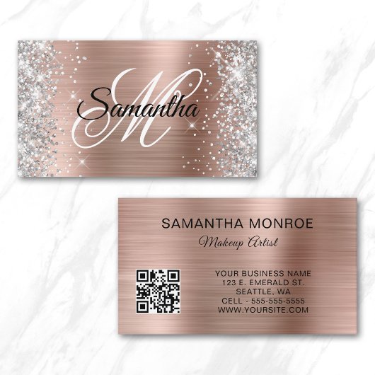 Carte De Visite Code QR monogramme feuille d'or rose paillettes ar