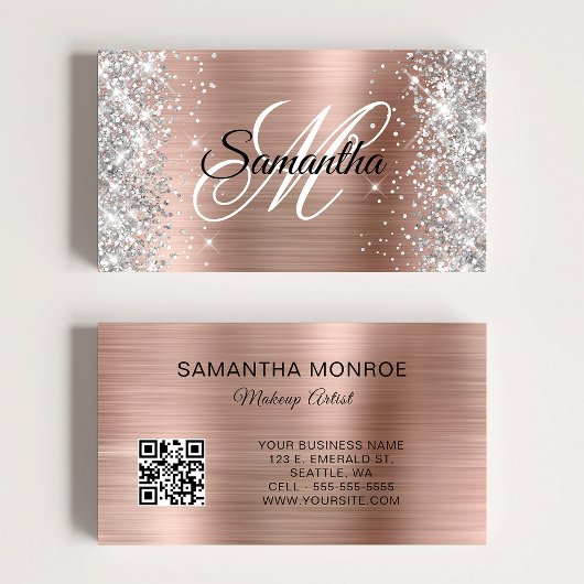 Carte De Visite Code QR monogramme feuille d'or rose paillettes ar
