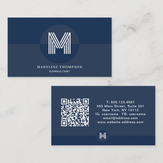 Carte De Visite Code QR monogramme géométrique moderne bleu marine (Devant / Derrière)