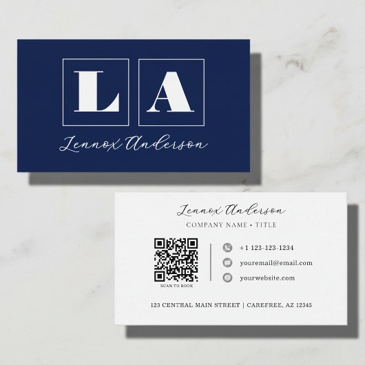 Carte De Visite Code QR Monogramme Gras Bleu