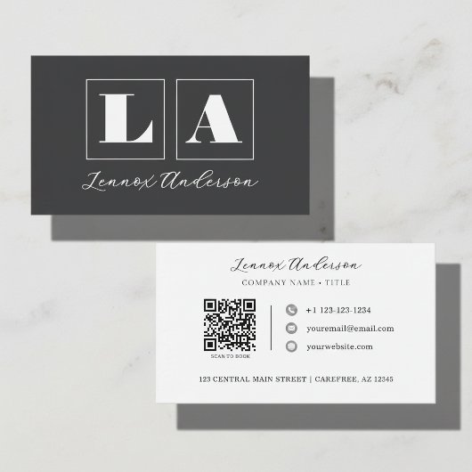Carte De Visite Code QR Monogramme Gras Gris Foncé