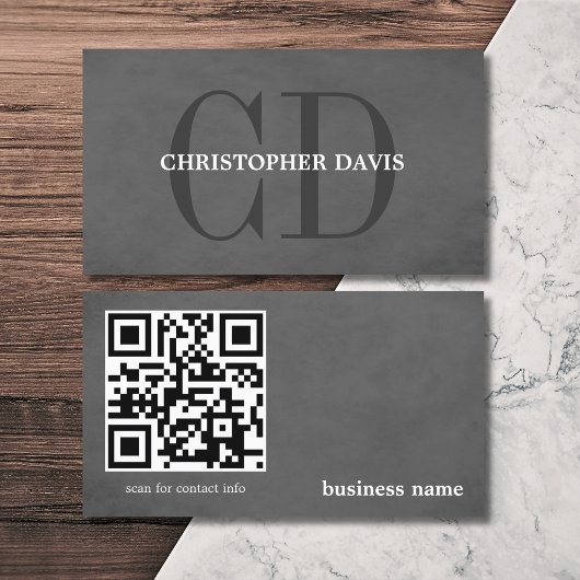 Carte De Visite Code QR monogramme gris texture élégante moderne