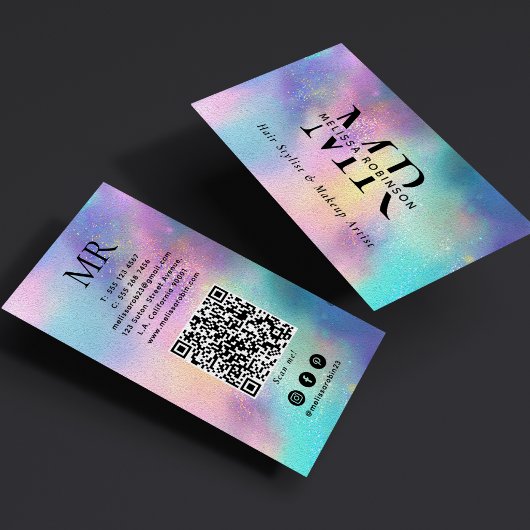 Carte De Visite Code QR Monogramme Holographique Moderne & Médias 