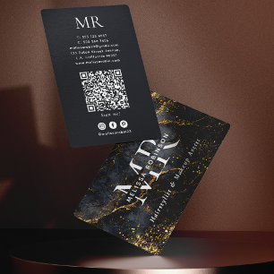 Carte De Visite Code QR Monogramme Marbre Noir & Or Réseaux Sociau