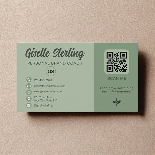 Carte De Visite Code QR Monogramme Média Sociaux Vert Sauge