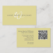 Carte De Visite Code QR Monogramme Moderne Chartreuse Blanc Script (Devant / Derrière)